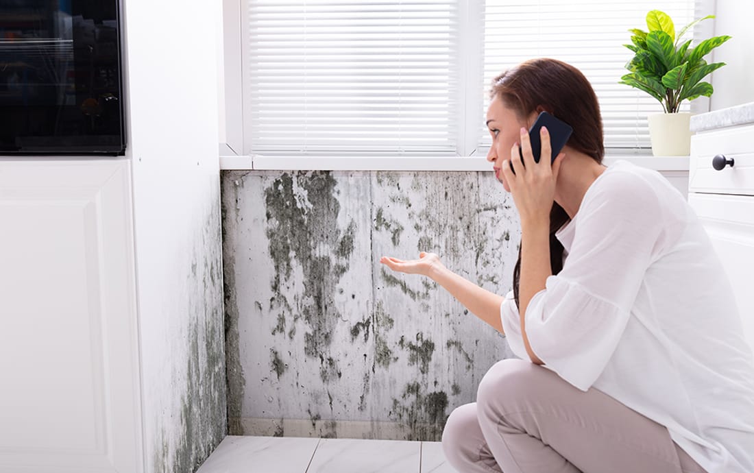 A homeowner photographing a mold problem on a wall to send for assessment